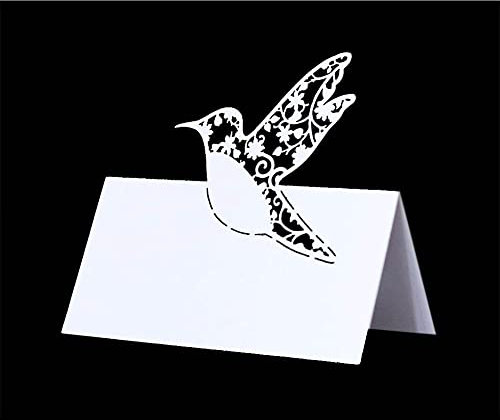 GIVBRO Tischkarten Namenskarten mit ausgehöhltem Vogel gemusterte Zeltsitzkarte für Tischdekoration Metting Hochzeit Party Supplies Weiß, 50 Stück