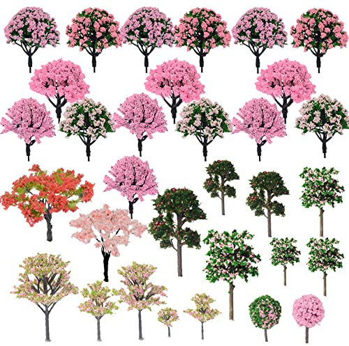 Cayway 34 Stück Modellbau Bäume Mixed Bäume Modellbau, 4~12 cm Mixed Bunt Modell Baum Zug Bäume Kunststoff Modell Bäume für DIY Landschaft Gartendeko, Modelllandschaft