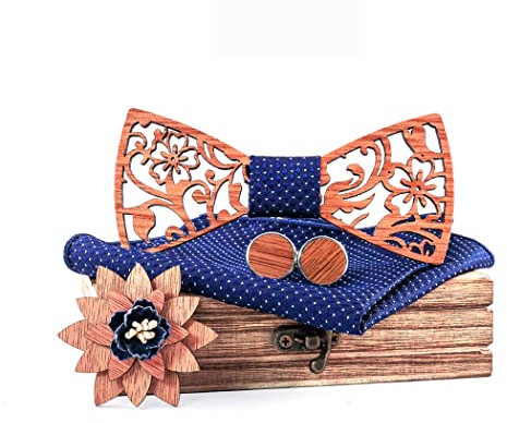 HZQIFEI Noeud Papillon Bois, Ensemble 4 Pièces Noeud Papillon en Bois + Boutons de manchette + Broche + Carré de Poche, Accessoire Mode (Style#14)