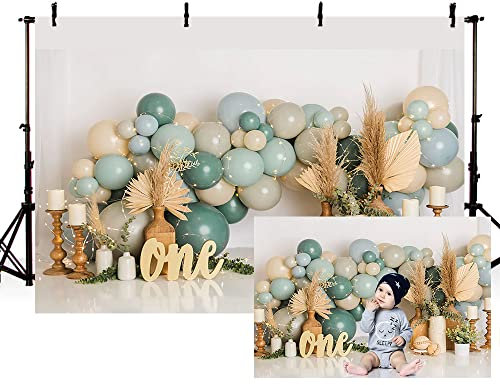 MEHOFOND Toile de fond bohème pour 1er anniversaire de garçon - 2,1 x 1,5 m - Herbe de la pampa - Ballons - Bannière pour fête d'anniversaire - Décoration de gâteau - Fournitures de studio photo