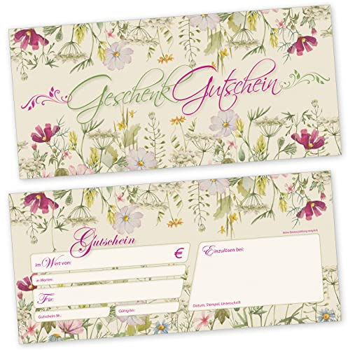tatmotive Gutscheine Wildblumen 250 Stück Gutscheinkarten | zum Selbst beschriften und Stempeln, Geschenkgutscheine mit Blumen für Gewerbe wie Wellness, Floristik, Gastro, Beauty