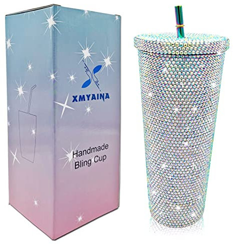 XMYAINA 740 ml Bling Cup Diamond Studded Tumbler Glitter Water Bottle with Lid and Straws Stainless Steel Vacuum Insulated Coffee Ice Cup Gift for Women (Aurora White)