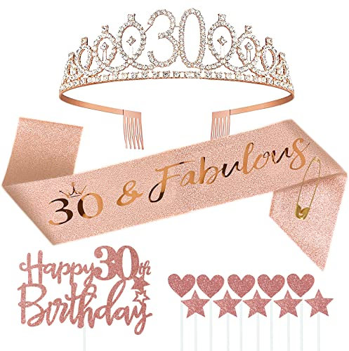 30 Anni Compleanno Corona Fuscia Oro Rosa Compleanno Crown Coroncina Diadema Fusciacca Cake Topper Decorazioni Regalo di Compleanno Donna