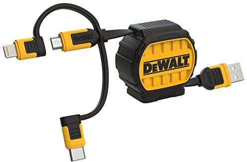 DEWALT Heavy Duty 3 in 1 Retractable Multi Charging Cord, 3ft Fast Charger Cord, Multi Charger Adapter with Lightning/Type C/Micro USB Port for iPhones/Samsung Galaxy/PS/Tablets/More