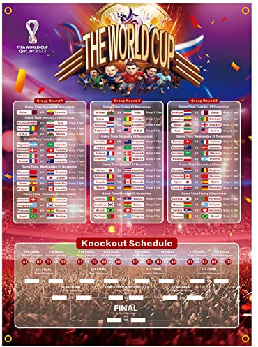 Die WM -Flagge -Wallchart Der Weltmeisterschaft 2022: Großbritannienzeit, Spielplan, Team -Vorrichtungen, Umfasst 32 Teams Gro Gro,A2