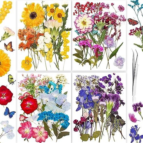 YoothBro 125 STÜCKE Echte Getrocknete Gepresste Blumen für Harzformen, Trockenpressen-Blumen-Set mit Schmetterlings-Aufklebern für die Herstellung von DIY-Schmuck, Nagelkarten Romantic Road