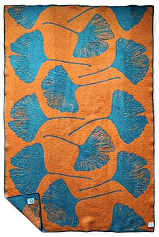 JOWOLLINA Wolldecke Plaid aus Norwegischer Wolle 130x200 cm, Ginkgo Ginger Petrol