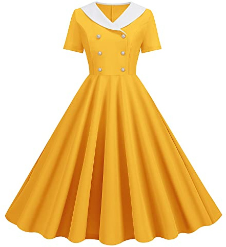 Wellwits Robe trapèze vintage pour femme avec col en V et poche à carreaux, Jaune fantaisie, 44-46