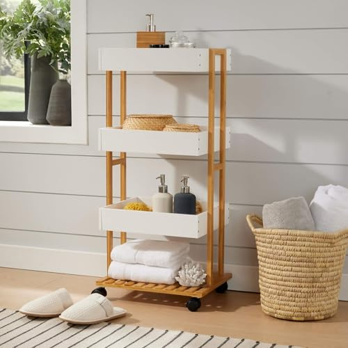 Home Source Oxford Bamboo Storage Trolley, White 4 Tier Storage Shelving Unit with Wheels, Kitchen Bathroom Organiser