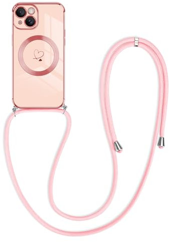 Newseego Crossbody Lanyard Case for iPhone 15 [Compatible for MagSafe], Cute Heart Girl Women Flexible Silicone Protective Phone Case with Adjustable Strap Necklace Bumper Cover iPhone 15-Pink