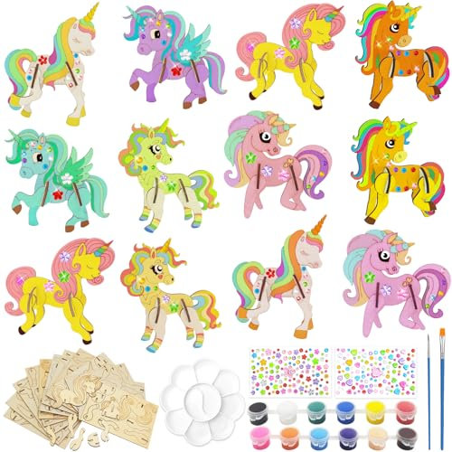Shinybox Einhorn Holz Bastelset, 12 Stück Einhorn Bastelset Kit, DIY Holz Bastelset Einhorn für Kinder, Holz Basteln Kinder zum Bemalen und Basteln für DIY Kinder Malen Dekoration(Einhorn Ornament)