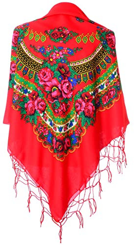Schal, traditionell, ukrainisch, polnisch, mit Fransen, Blumenmuster, Halstuch, Kopftuch, Rot/Ausflug, einfarbig (Getaway Solids), Large