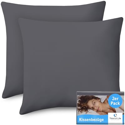 Kissenbezug 60x60 cm Dunkelgrau Doppelpack, Mit Premium Mako-Baumwolle | Kopfkissen-Bezug für 60 x 60 Kissen, Polsterbezug für Schlafkissen/Sofakissen/Dekokissen, 2er Set Kissenbezüge mit Oeko-TEX