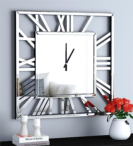 SHYFOY - Reloj de pared cuadrado grande y moderno, 60 cm, silencioso, casi sin tic-tac con pilas, espejo de cristal, números romanos, para sala de estar, dormitorio, cocina, decoración de pared