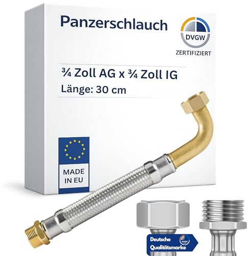 LAXARA | DVGW gep. Panzerschlauch 3/4 Zoll DN20 DN19 Edelstahl Flexschlauch Wasseranschluss Heizung Enthärtungsanlage mit Edelstahlumflechtung | 30 cm Überwurfmutter mit Bogen x Außengewinde