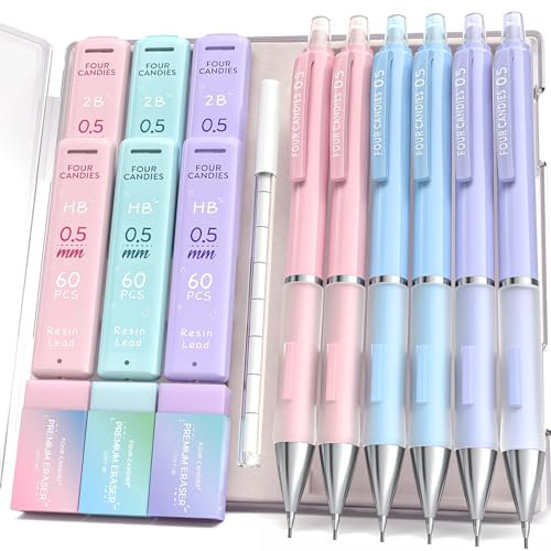 Four Candies Lot de 6 crayons mécaniques de 0,5 mm avec 360 mines HB et 2B, 3 gommes pastel et 9 recharges de gomme, fournitures scolaires esthétiques pour l'écriture, le dessin, le dessin