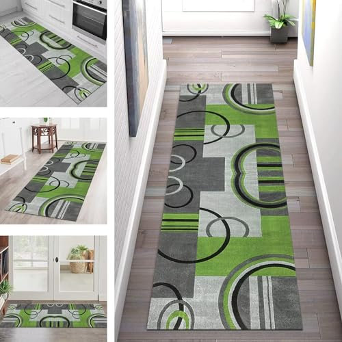 Teppich Läufer Lang Küche Flur Teppichläufer Rutschfest Waschbar Küchenläufer Teppichmatten Grau Grün Geometrie Schmutzfangmatte 50X200CM Meterware Flurteppich Wohnzimmer Schlafzimmer Küchenteppich