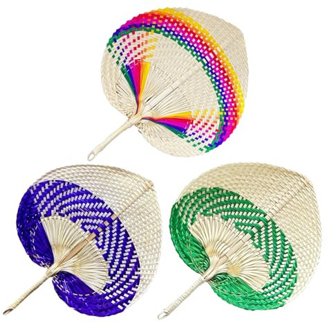 belupai 3Pcs Handwoven Bamboos Fan, Chinese Traditional Woven Fan, Hand Held Palm Leaf Fan Vintage Manual Rattan Fan Plain Wall Hanging Wicker for Cooling Supplies Decor