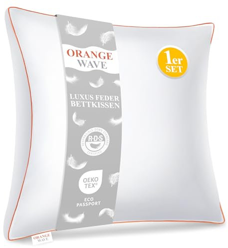 Orange Wave Daunenkissen 80x80cm Federkissen - Kopfkissen 80x80 1er Kissen Daunen und Federn Schlafkissen, RDS und Oeko-TEX Seitenschläferkissen für Maximale Unterstützung und Luxuriösen Schlafkomfort