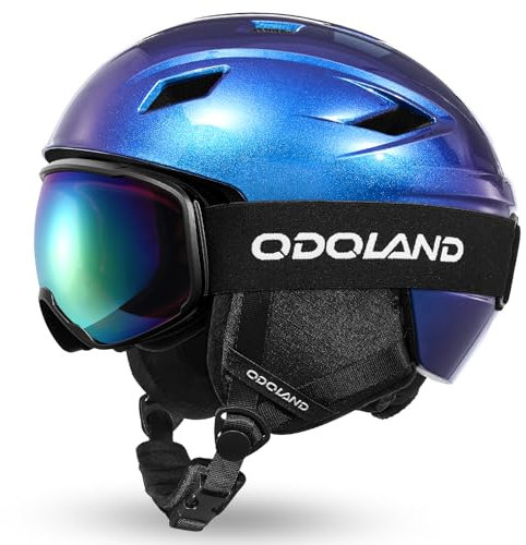 Odoland Casque de Ski avec Lunettes de Ski, Casque de Snowboard pour Hommes, Femmes et Jeunes, Casque Ski Ajustable pour Skating, Surf des neiges, Antichoc et Universel (55-59CM)