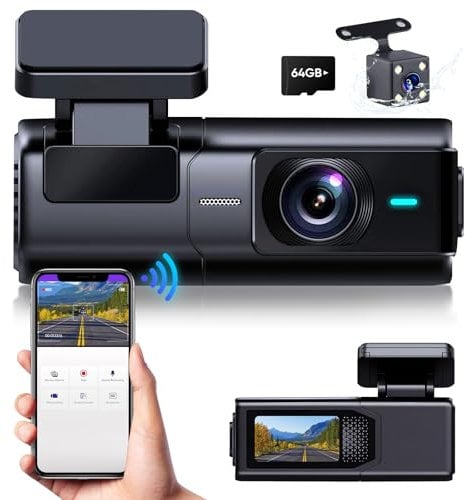 2K HD Dash Cam Front and Rear Wireless with 64GB SD Card,Dual Car Camera Dash Cam with 1.5’’ Display,Dashcam Front and Rear Camera with Night Vision, G-Sensor,App Control,24 Hours Recording