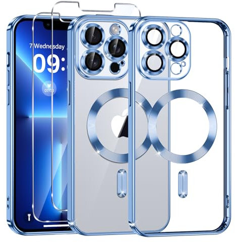 Phoona Cover Placcatura per iPhone 13 Pro 6,1 Pollici, Obiettivo per Fotocamera Protezione Completa e 2 × vetro temperato, Compatibile con MagSafe Ricarica Wireless, Protezione Militare, Blu