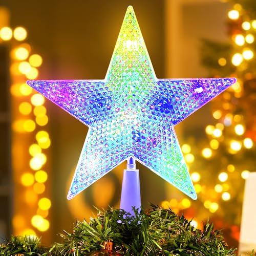 Star Christmas Tree Topper With 11 LED Lights - Battery Operated, Warm White Clear Plastic Ornament for Tree Decoration