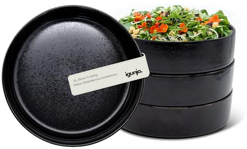 igunja Steingut Geschirrset Premium Qualität außen matt innen glossy modernes Geschirr Spülmaschinenfest Kratzfest stylishes Design beige Tafelservice Essgeschirr Teller Set (Schwarz, XL Bowls)