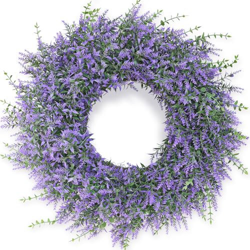 26 Lavender & Eucalyptus Wreath for Front Door, Porch, Window - Large Artificial Greenery Outdoor Wreath for Home, Farmhouse Decor - Spring, Summer, Fall, All Seasons (Purple)
