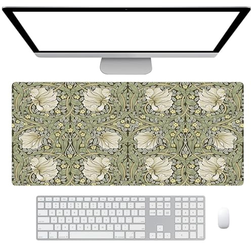 William Morris, tappetino per mouse con grande base in gomma antiscivolo, motivo floreale bianco, verde, tappetino per tastiera, tappetino da scrivania con bordi cuciti, tappetino per mouse per PC