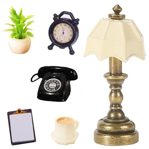 Miniatur Möbel Wichtel Zubehör, Miniatur Zubehör Set Mini Telefon+ Wecker+Tischlampe+Zwischenablage+Kaffeetasse+Topfpflanze, puppenhäuser-zubehör 1:12 für Kinder Deko, Miniaturen Puppenhäuser Geschenk
