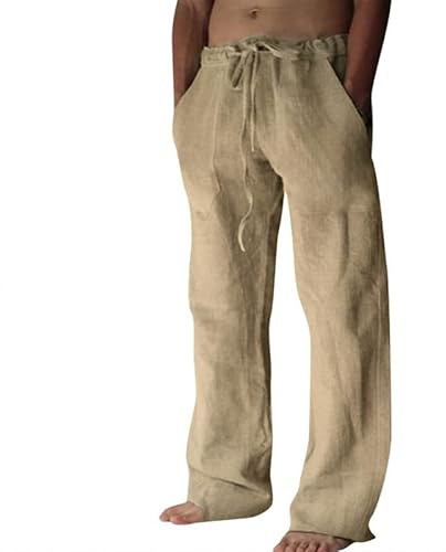 Litthing Pantalon en Lin Homme Jogging Coton Décontracté Été Pantalons Sport Yoga Taille Élastique Léger Pants avec Poches et Cordon | Décontracté Été Pantalons, Taille Élastique, Léger Respirant