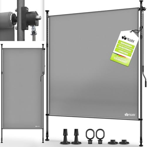tillvex® Toldo vertical con pinza, 100 x 310 cm, gris, con manivela sin agujeros, protección visual extensible y opaca, toldo vertical para balcón, terraza, jardín, estor de protección visual