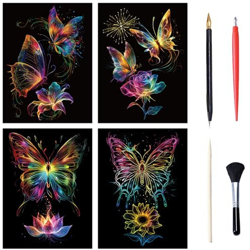 NICEIN Kratzbilder Set A4 für Kinder und Erwachsene - Farbe Kratzpapier mit Tiermotiv, kreatives Schabwerkzeug (Schmetterling)