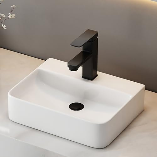 Rechteckiges Aufsatzwaschbecken mit Wasserhahn und Pop-Up-Abfluss, weißes Porzellan-Keramik-Aufsatzwaschbecken für kleine Badezimmer, Kunstwaschbecken für die Toilette(36cm/14in)