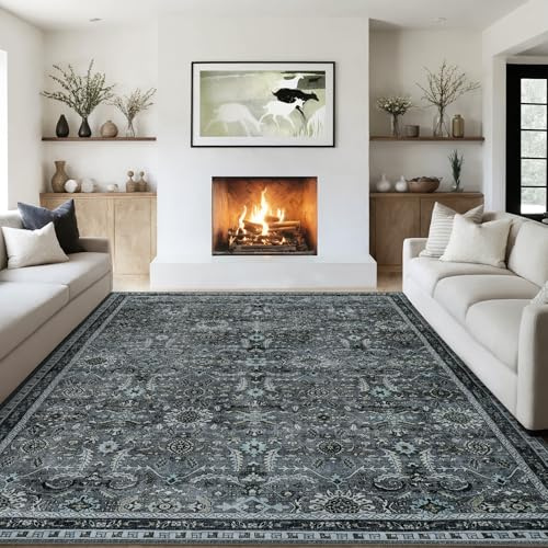 IMIYOKU Teppich Wohnzimmer Groß 200x290cm Waschbar in Waschmaschine Vintage Boho Kurzflor Carpet Weich Antirutsch Rugs for Living Room Schlafzimmer Esszimmer, Grauer Teppich
