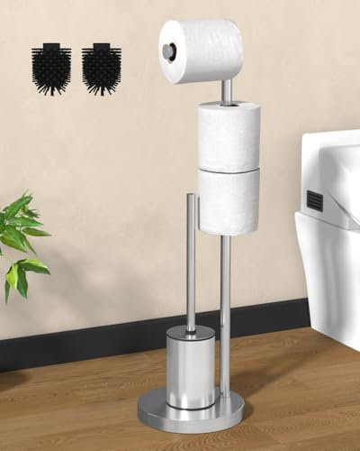 KeZaara Porta Carta Igienica da Terra con 2 Scopino, Piantana Portarotolo per Bagno WC, Spazio per 2 Rotoli di Riserva, Argento Spazzolato, Acciaio Inox, 70 x 20 x 20 cm