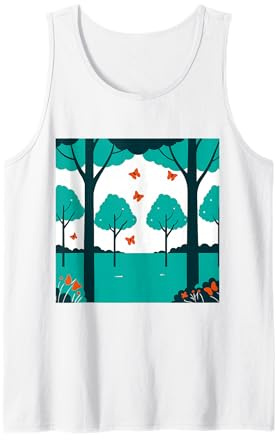 Design astratto con farfalle e alberi in verde acqua e bianco Canotta