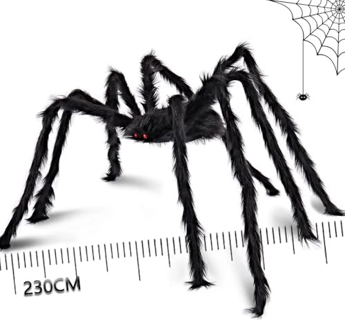 230cm Spinne Halloween Außen- und Innendekorationen, gigantische haarige Schwarze Spinne, erschreckende gefälschte Requisiten für Haus- und Gartenpartys
