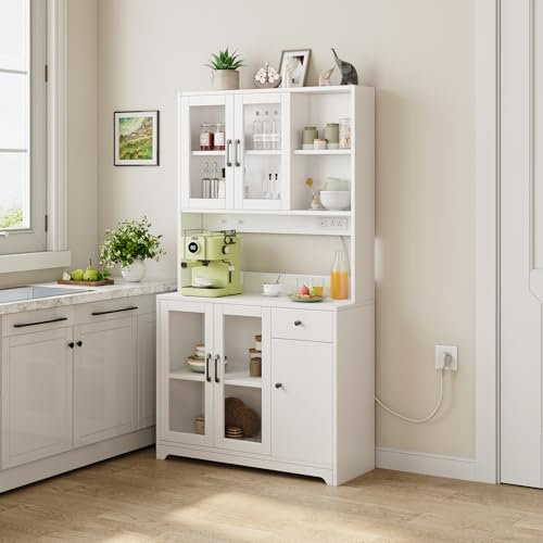 Dripex Tall Kitchen Pantry Cupboard, 183.5cm Freestanding Storage Cabinet with Drawer, Doors, Shelves for Kitchen, Dining Room, Living Room and Bathroom (With Sockets)