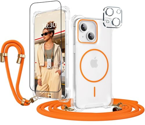 Orange Handykette für iPhone 14 Hülle mit Band Panzerglas Kameraschutz | Handyhülle Kompatibel mit Magsafe, Handyband mit 2 Displaychutzfolie 2 Kamera Schutzfolie, Schutzhülle für iPhone 14