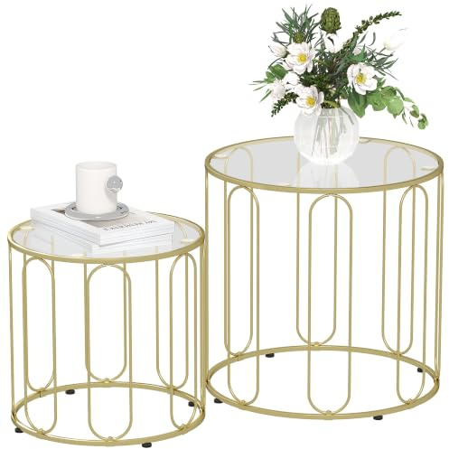 HOMCOM Couchtisch Rund Stapelbar 2er Set mit Geometrischem Metallrahmen | Beistelltisch, Platte aus Glas, Wohnzimmertisch, Kaffeetisch, Sofatisch, für Wohnzimmer Schlafzimmer