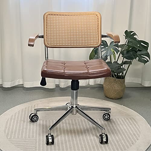 Moderner Rattan-Bürostuhl aus der Mitte des Jahrhunderts mit Rollen, Vintage-Drehstuhl aus Leder, für Zuhause, Büro, Schlafzimmer, mittlere Rückenlehne, Rollstuhl (Farbe: Braun)