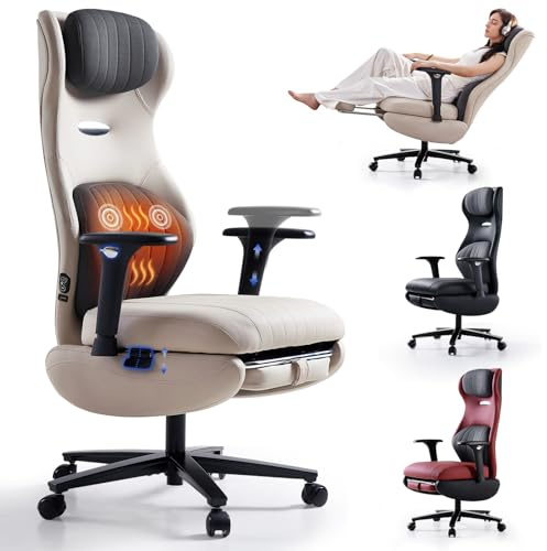 EMIAH Bürostuhl mit Heizung und Massage mit Verstellbare Armlehnen, Weiß | Ergonomischer Schreibtischstuhl mit Fußstütze Compute Gaming Stuhl Chefsessel mit Kopfstütze und Lendenwirbelstütze PU Leder