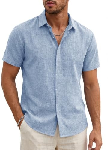 Runcati Camicia da uomo a maniche corte, leggera, estiva, da uomo, vestibilità normale, in lino, per matrimonio, business, spiaggia, per il tempo libero, casual, tinta unita, Blu, XL