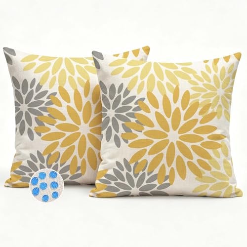 Kiatuniya Outdoor Kissenbezug 40x40 Gelb Grau Blumen Sofakissen Dahlien Wetterfest Dekokissen Frühling Sommer Kissenhüllen Couchkissen Kissenbezüge Wohnzimmer Garten Sofa Deko Kissen 2er Set