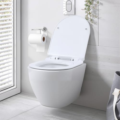 Hänge WC Spülrandlos Toilette mit Softclose Sitz, Wand WC Keramik 4L 360 Grad Wirbelspülung, Tiefspüler mit Absenkautomatik, platzsparende wandhängende Toilette 52,5 x 36 x 35 cm, 300 kg Trage
