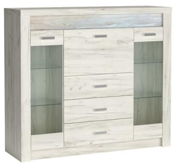 Masseno Glasvitrine ZERI Standvitrine, Wohnzimmer Vitrine, Modern Vitrinenschrank, 137x42x122cm, Eiche Bianco