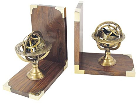 Sea-Club Buchstützen - Armillarsphäre Buchständer Holz & Messing