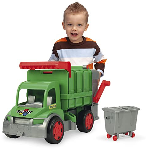 WADER Gigant Farmer Müllwagen, realistisches Müllauto, L = 60 cm, beweglichen Heckklappe und Heber, Tragfähigkeit 50kg, inkl. Mülltonne zum Anbringen am Fahrzeug, ab 1 Jahr